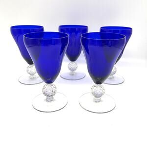 Vintage Morgantown Cobalt Blue Set of 5 Stem Glassware Golf Ball Pattern Glasses